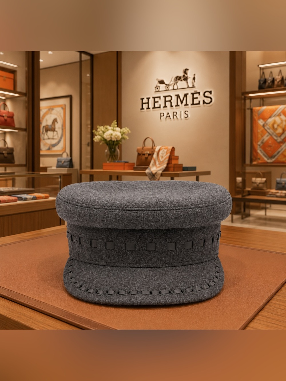 Authentic Hermès Gray Wool Felt Military Cadet Cap Hat Size 57 w/COA